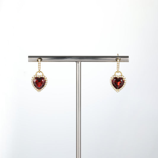 Solid Gold Red Garnet Heart Lock Earrings