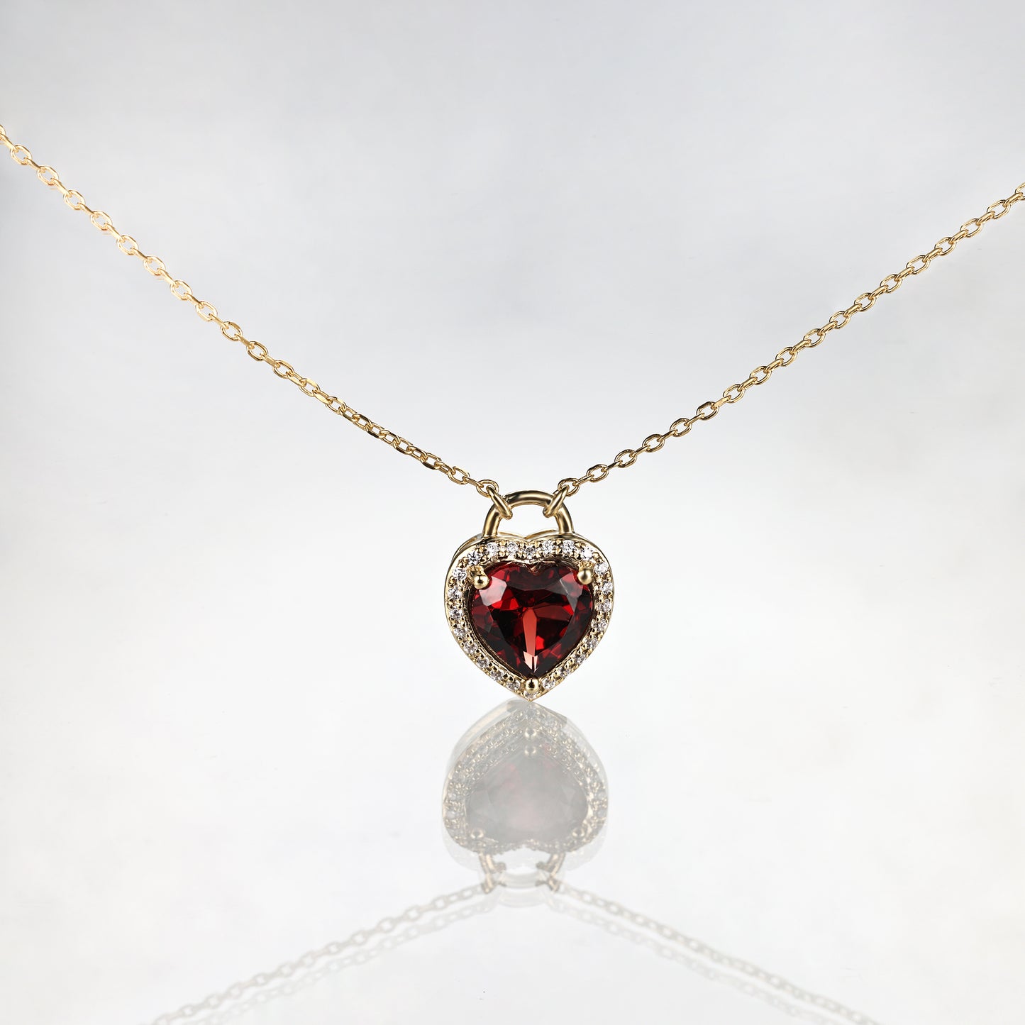 Solid Gold Red Garnet Heart Lock Pendant