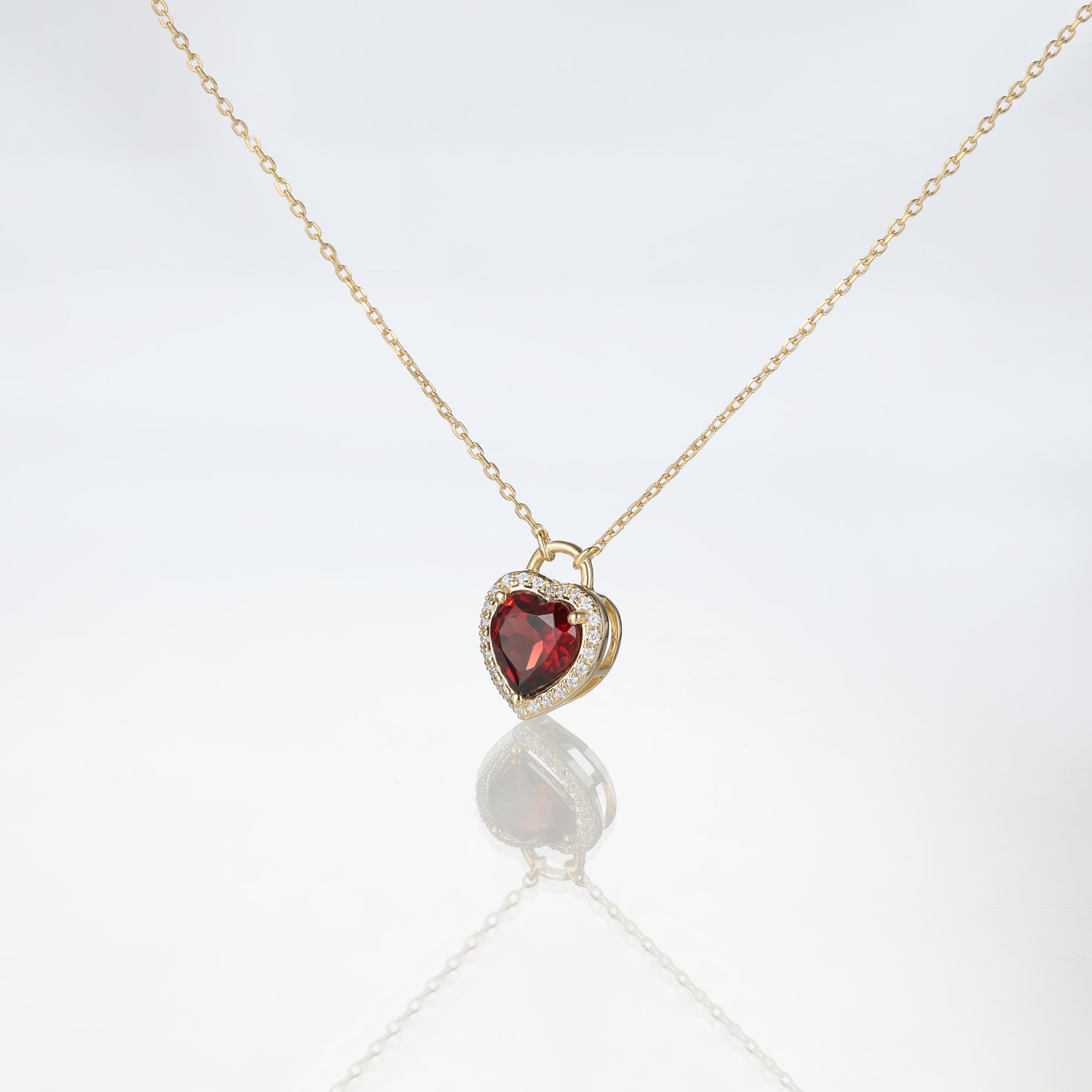 Solid Gold Red Garnet Heart Lock Pendant