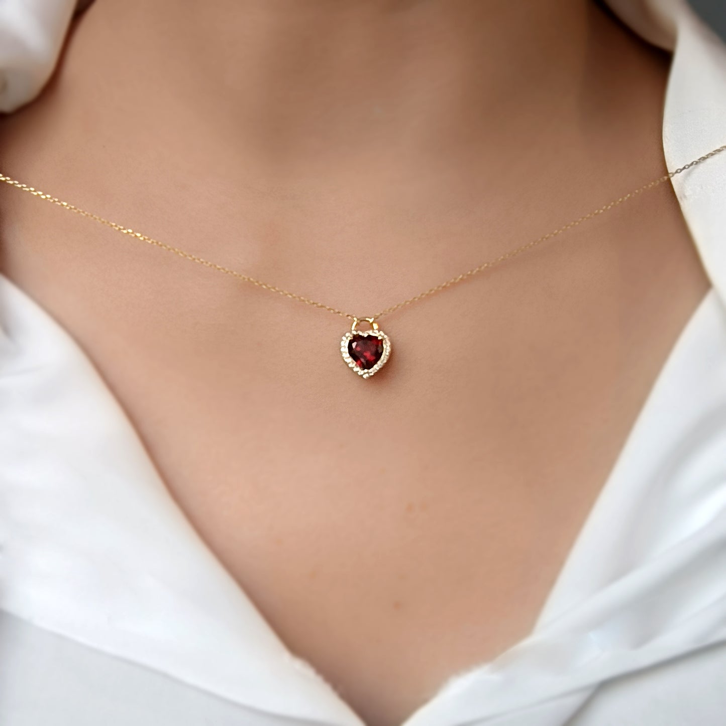 Solid Gold Red Garnet Heart Lock Pendant