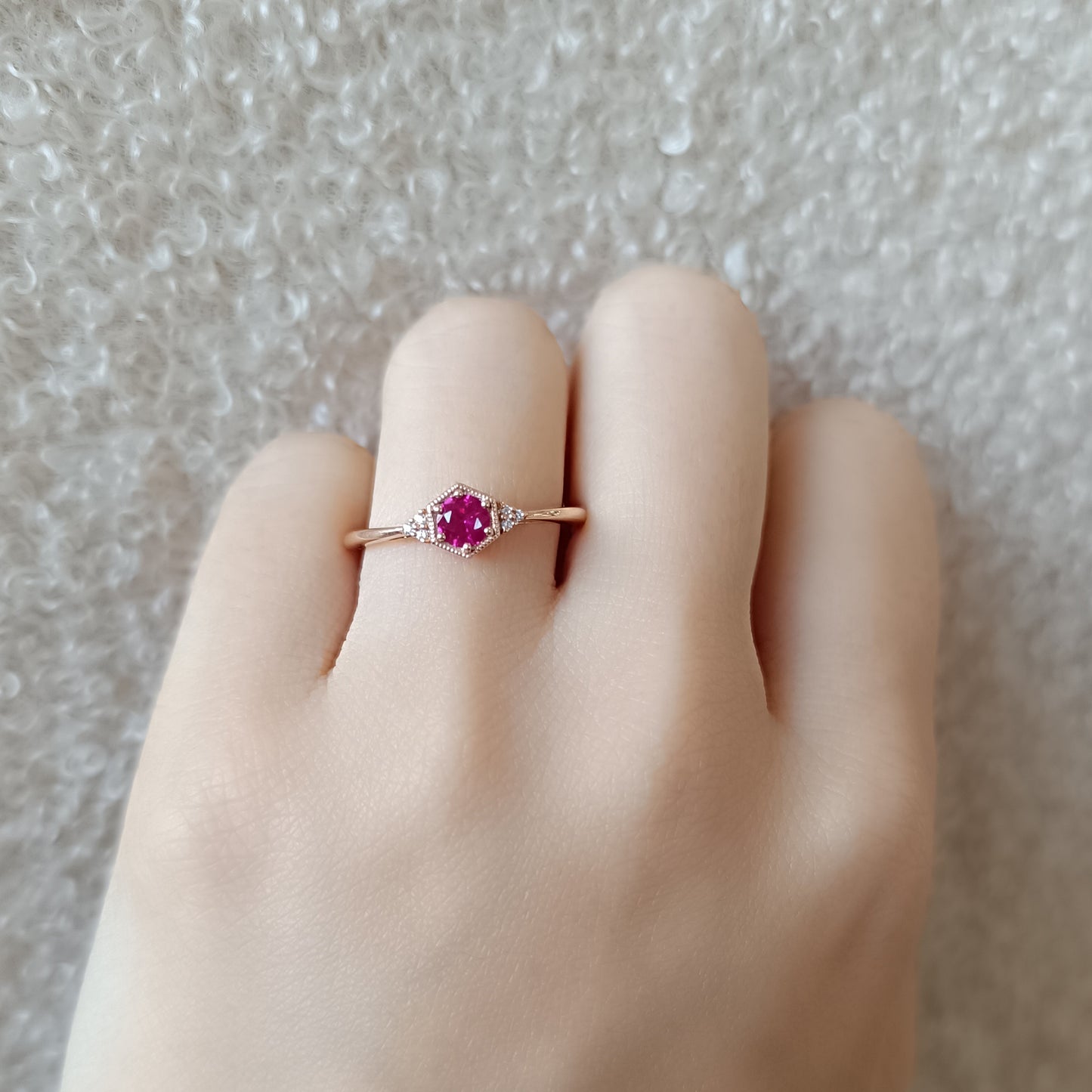 Silver Lab Grown Ruby Hexagon Ring