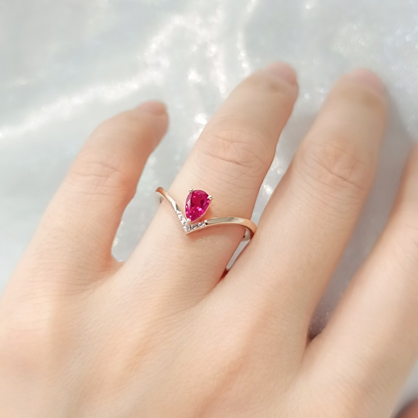 Silver Lab Grown Ruby V Shape Engagement Ring