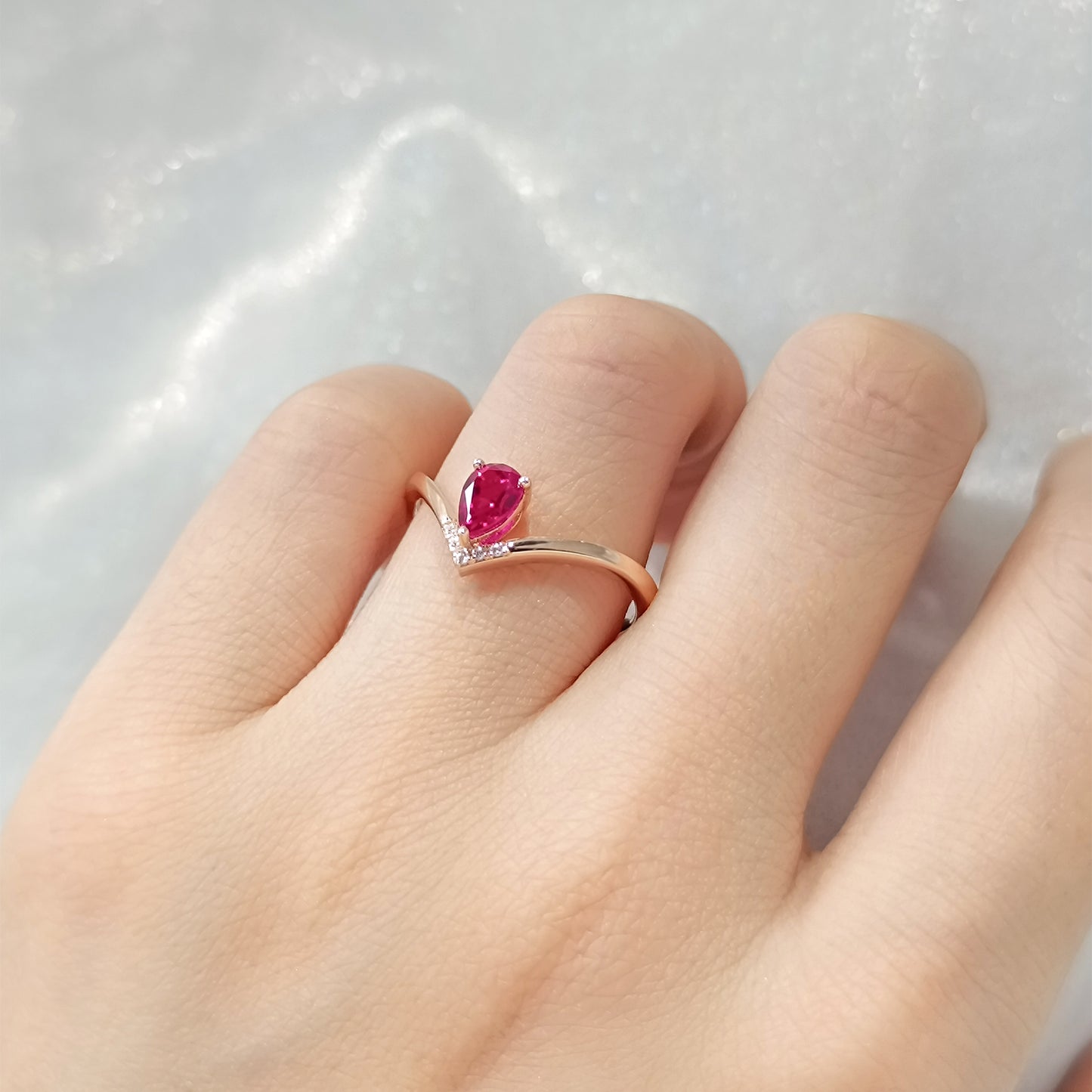 Silver Lab Grown Ruby V Shape Engagement Ring