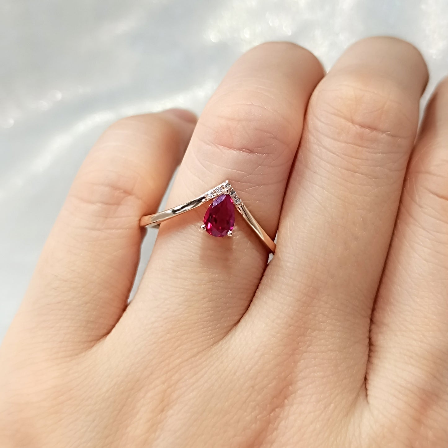 Silver Lab Grown Ruby V Shape Engagement Ring