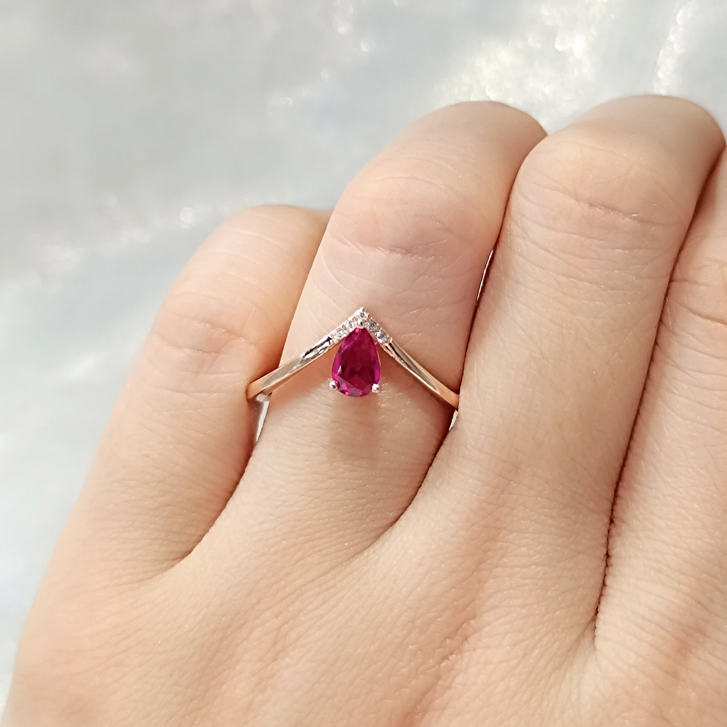 Silver Lab Grown Ruby V Shape Engagement Ring