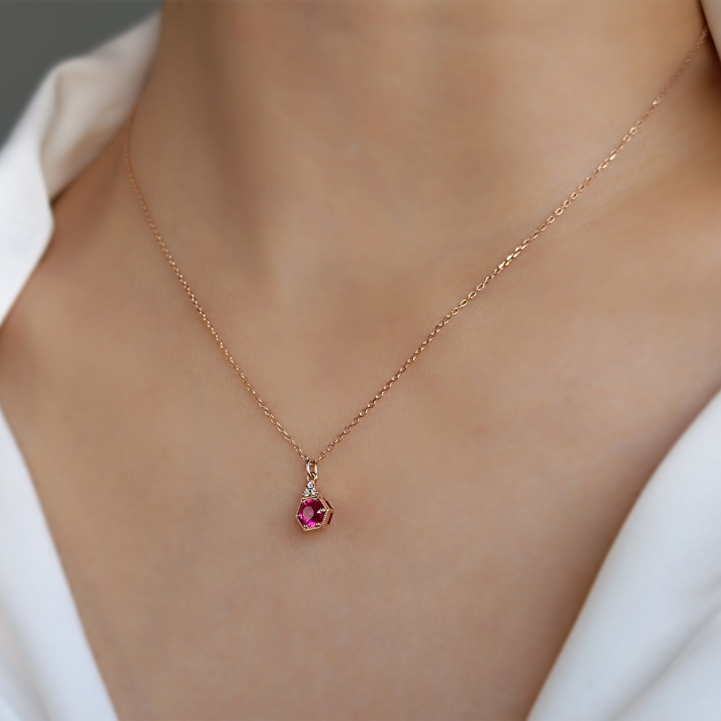 Silver Ruby Hexagon Necklace