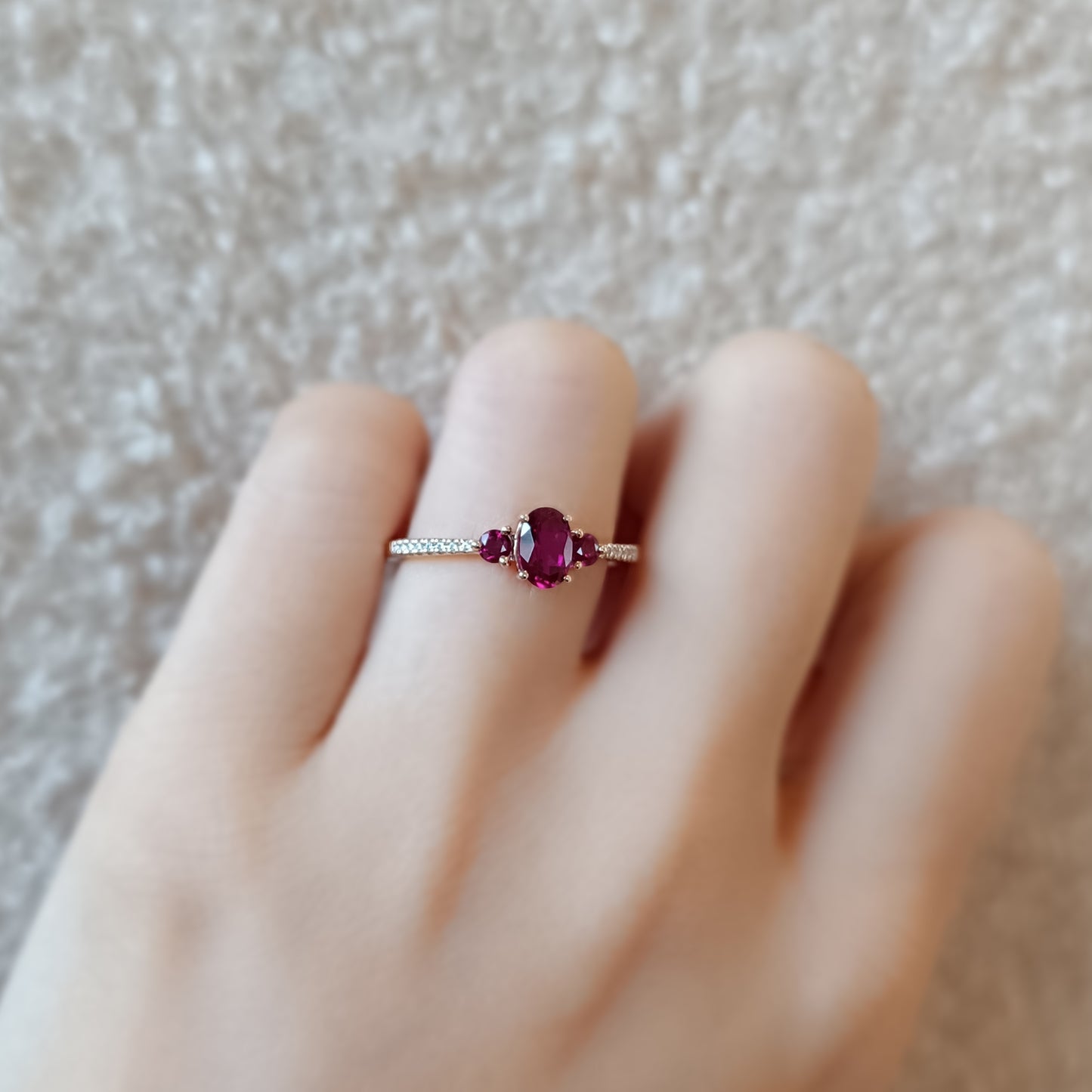 Silver Lab Grown Ruby 3 Stone Engagement Ring