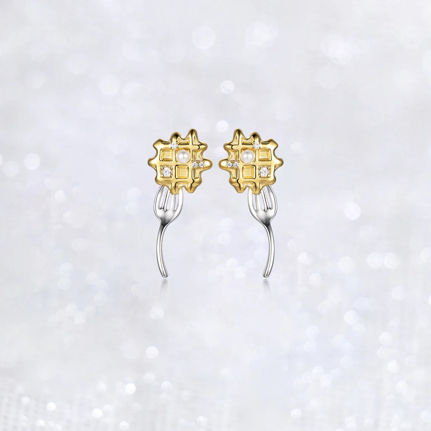 Pearl Diamonds Waffles Fork Earrings