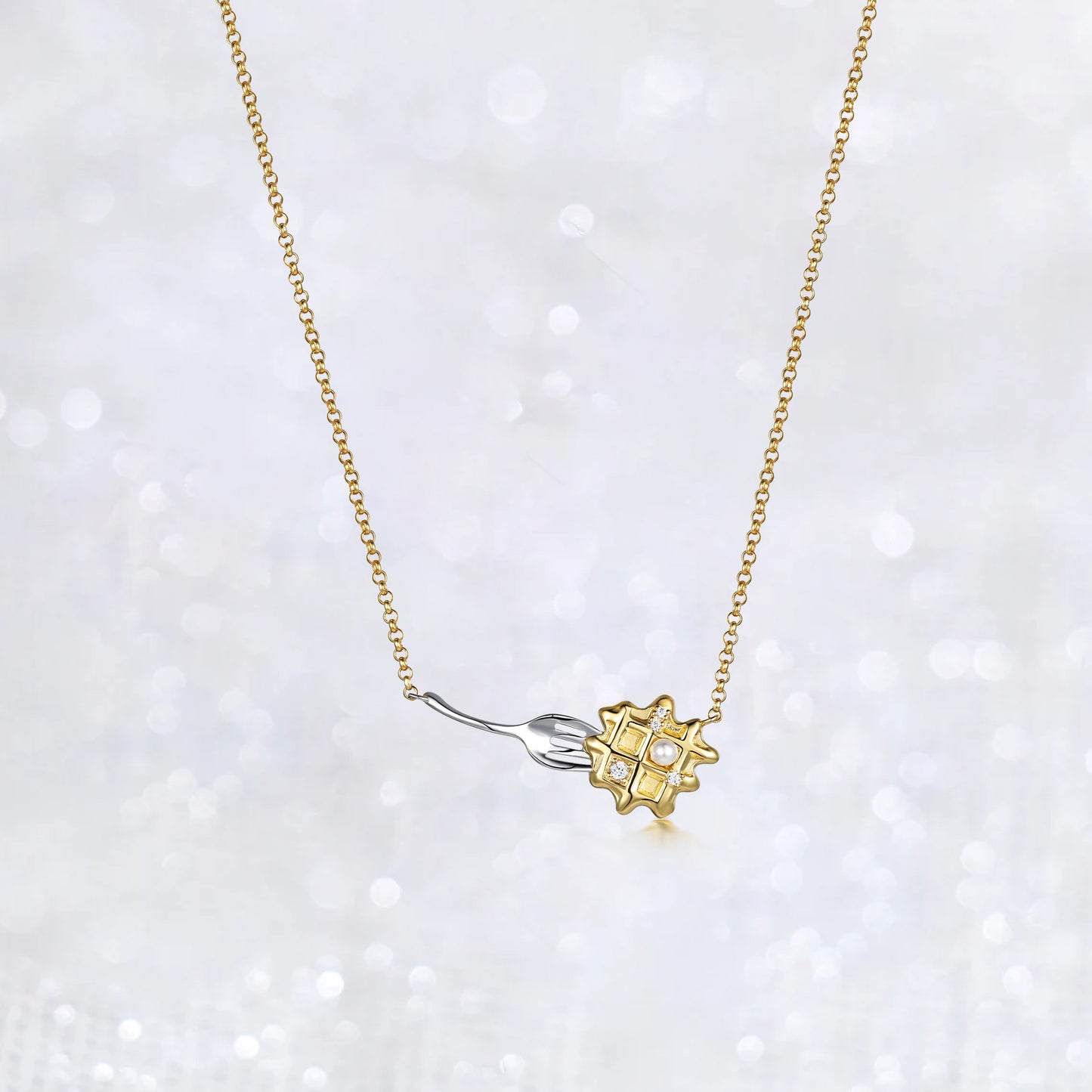 Pearl Diamonds Waffles Fork Necklace